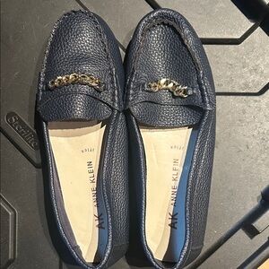 Anne Klein I-flex Navy Loafers with Gold Chain